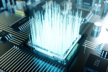3D çizim bilgisayar çipi, baskılı devre kartı üzerinde bir işlemci. Veri aktarımı için bulut kavramı. Merkezi işlemci yapay zeka şeklinde. Veri aktarımı
