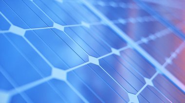 3D resimde güneş enerjisi üretimi teknolojisi. Alternatif enerji. Günbatımı gökyüzü güneş pili paneli modüllerle