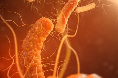 3D çizim virüs bakteri. Viral enfeksiyon kronik hastalık, azalan bağışıklık neden. Kırmızı bakteri mikroskop yakın çekim altında. Uzayda virüs arka plan.