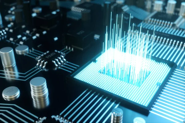 Ilustración 3D chip de computadora, un procesador en una placa de circuito impreso. El concepto de transferencia de datos a la nube. Procesador central en forma de inteligencia artificial. Transferencia de datos — Foto de Stock