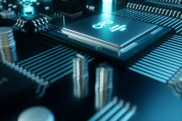 Ilustración 3D chip de computadora, un procesador en una placa de circuito impreso. El concepto de transferencia de datos a la nube. Procesador central en forma de inteligencia artificial. Transferencia de datos —  Fotos de Stock