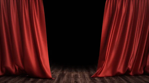 Ilustración 3D de lujo de seda roja cortinas de terciopelo decoración diseño, ideas. Escenario rojo Cortina para teatro o escenario de ópera telón de fondo. Simulación para su proyecto de diseño — Foto de Stock