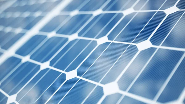 3D illustratie zonne-energie generatie technologie. Alternatieve energie. Solar battery deelvenster modules met blauwe lucht. — Stockfoto