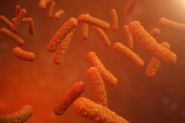 3D çizim virüs bakteri. Viral enfeksiyon kronik hastalık, azalan bağışıklık neden. Kırmızı bakteri mikroskop yakın çekim altında. Uzayda virüs arka plan. — Stok fotoğraf