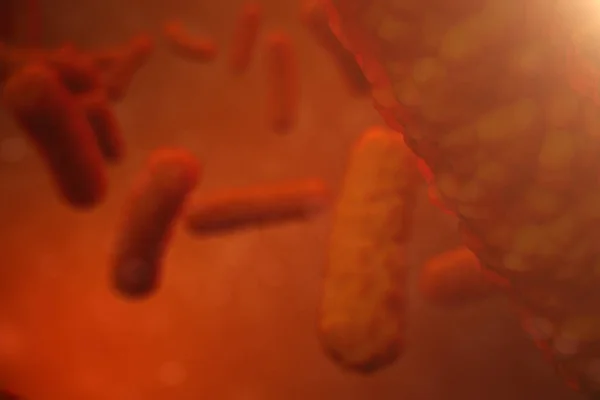 3D illustration virus bakterier. Virusinfektion som orsakar kronisk sjukdom, minskad immunitet. Röd bakterier under mikroskop Närbild. Virus abstrakt bakgrund i rymden. — Stockfoto
