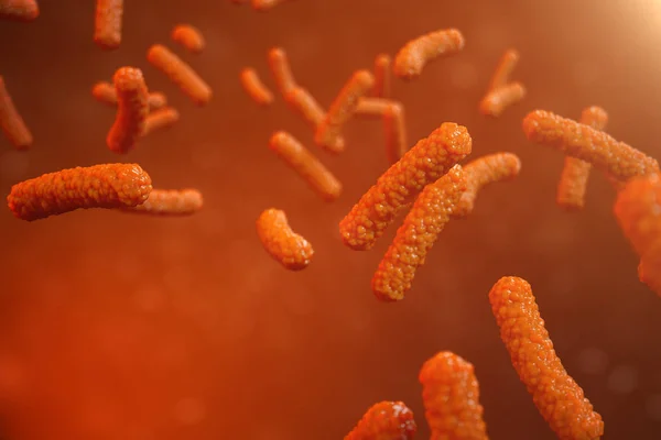 Bacterias del virus de ilustración 3D. Infección viral que causa enfermedad crónica, disminución de la inmunidad. Bacterias rojas bajo el microscopio de cerca. Virus fondo abstracto en el espacio . —  Fotos de Stock