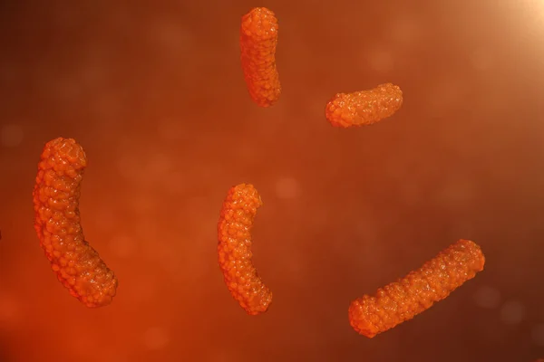 Bacterias del virus de ilustración 3D. Infección viral que causa enfermedad crónica, disminución de la inmunidad. Bacterias rojas bajo el microscopio de cerca. Virus fondo abstracto en el espacio . —  Fotos de Stock