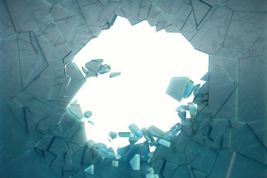 3D duvar illüstrasyon küçük parçalar halinde dağılır ortasına delik buz. Afiş, reklam için yer. Patlama bir çatlak duvarda neden oldu. Buz kırık duvarında delik patlama.