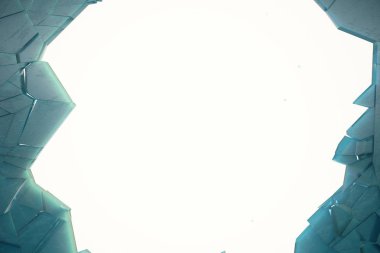 3D duvar illüstrasyon küçük parçalar halinde dağılır ortasına delik buz. Afiş, reklam için yer. Patlama bir çatlak duvarda neden oldu. Buz kırık duvarında delik patlama.