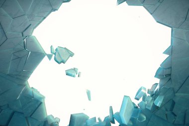 3D duvar illüstrasyon küçük parçalar halinde dağılır ortasına delik buz. Afiş, reklam için yer. Patlama bir çatlak duvarda neden oldu. Buz kırık duvarında delik patlama.