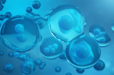 3D Rendering human or animal cells on blue background. Concept Early stage embryo Medicine scientific concept, Stem cell research and treatment. clipart