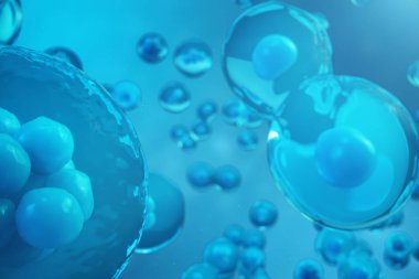 mavi arka plan üzerinde 3D render insan ya da hayvan hücreleri. Kavram erken sahne embriyo tıp bilimsel kavram, kök hücre araştırma ve tedavi.