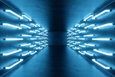 3D rendering blue-tint Illuminated corridor with blue neon light. Elegant futuristic neon light on wall. clipart