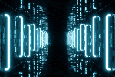 3D render mavi renk tonu aydınlatmalı koridor mavi neon ışık ile. Şık futuristik neon ışık duvar.