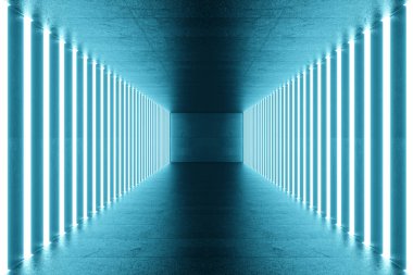 3D render mavi renk tonu aydınlatmalı koridor mavi neon ışık ile. Şık futuristik neon ışık duvar.