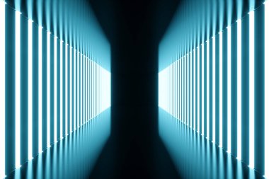 3D render mavi renk tonu aydınlatmalı koridor mavi neon ışık ile. Şık futuristik neon ışık duvar.