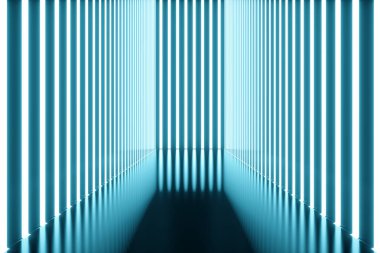 mavi neon lambalar ile 3D render Soyut Mavi Oda iç. Fütüristik mimarisi arka plan. Mock-up tasarım projesi.