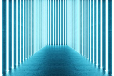 mavi neon lambalar ile 3D render Soyut Mavi Oda iç. Fütüristik mimarisi arka plan. Mock-up tasarım projesi.