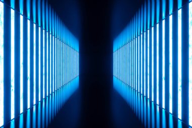 mavi neon lambalar ile 3D render Soyut Mavi Oda iç. Fütüristik mimarisi arka plan. Mock-up tasarım projesi.