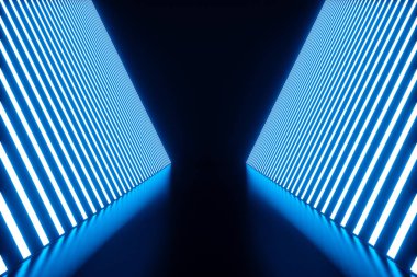 mavi neon lambalar ile 3D render Soyut Mavi Oda iç. Fütüristik mimarisi arka plan. Mock-up tasarım projesi.