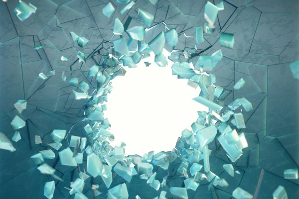 3D illustration vägg av is med ett hål i mitten av krossas i små bitar. Plats för din banner, annons. Explosion orsakade en spricka i väggen. Explosion hål i isen knäckt vägg. — Stockfoto