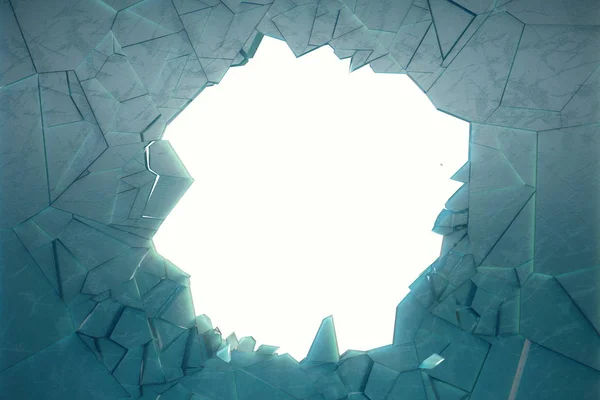 3D-Illustration Wand aus Eis mit einem Loch in der Mitte zerbricht in kleine Stücke. Platz für Ihr Banner, Ihre Werbung. Die Explosion verursachte einen Riss in der Wand. Explosionsloch in Eiswand gerissen. — Stockfoto