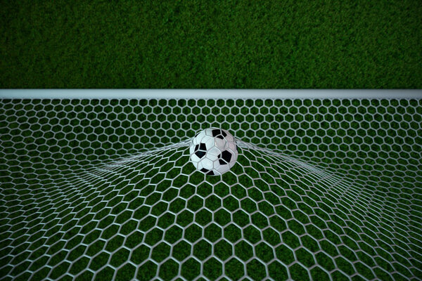 3d rendering soccer ball in goal. Soccer ball in net with spotlight and stadium light background, Success concept. Soccer with green grass