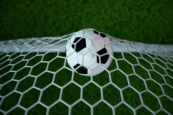 3d representación de pelota de fútbol en el gol. Balón de fútbol en red con proyector y fondo de luz del estadio, concepto de éxito. Fútbol con hierba verde —  Fotos de Stock
