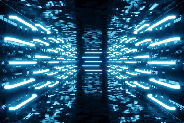 3D render mavi renk tonu aydınlatmalı koridor mavi neon ışık ile. Şık futuristik neon ışık duvar.