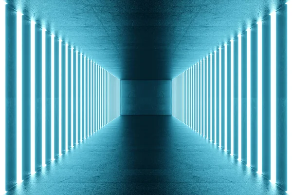 3D render mavi renk tonu aydınlatmalı koridor mavi neon ışık ile. Şık futuristik neon ışık duvar.