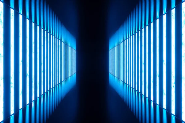 3d. 用蓝色霓虹灯渲染抽象的蓝色室内。未来的建筑背景。设计项目的模拟. — 图库照片