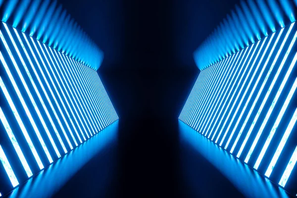 mavi neon lambalar ile 3D render Soyut Mavi Oda iç. Fütüristik mimarisi arka plan. Mock-up tasarım projesi.