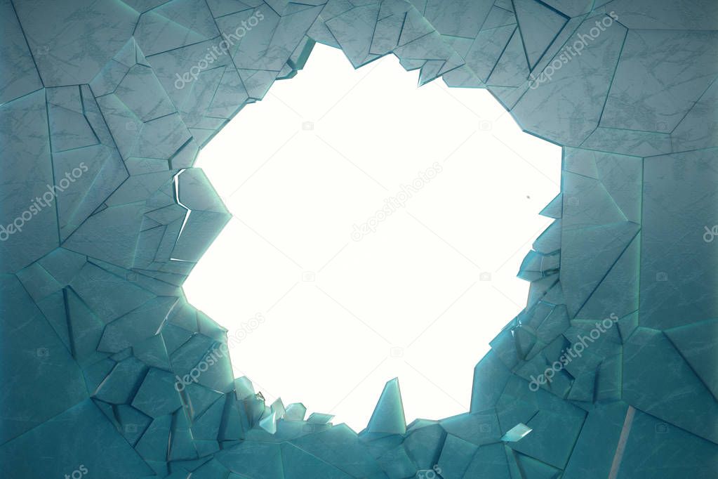 3D illustration wall of ice with a hole in the center of shatters into small pieces. Place for your banner, advertisement. The explosion caused a crack in the wall. Explosion hole in ice cracked wall.