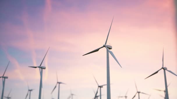 Wind farm turbines caught in sunset sky. Beautiful contrast with the sky. ecological concept. 3d rendering — Stock Video