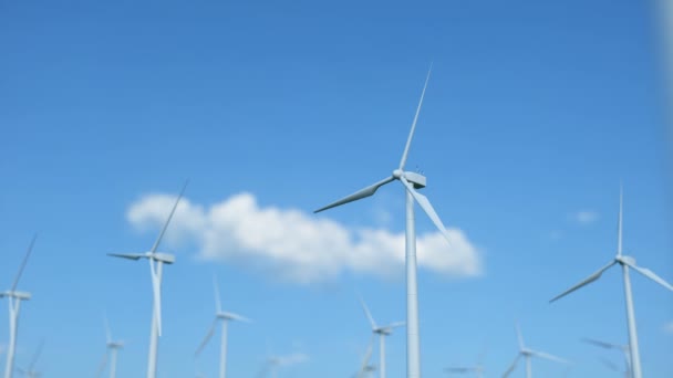 风电场涡轮机在蓝天中被捕获。美丽的对比与天空。生态概念。3d 渲染 — 图库视频影像