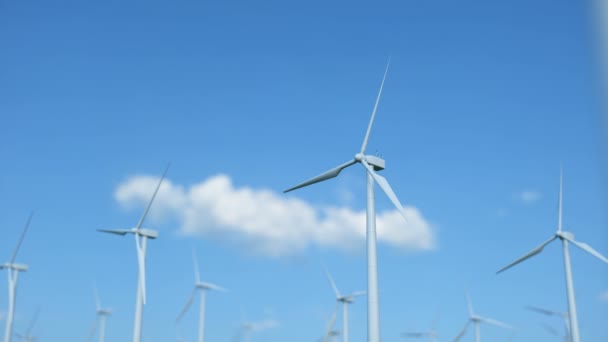 Des éoliennes prises dans le ciel bleu. Beau contraste avec le ciel. concept écologique. Rendu 3d — Video