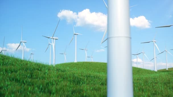 Boerderij windturbines gevangen in blauwe hemel. Mooi contrast met de lucht. ecologische concept. 3D-rendering — Stockvideo