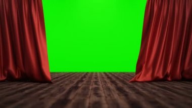 3D animasyon açık ve kapalı lüks kırmızı ipek, perde dekorasyon tasarımı. Tiyatro veya opera sahnesi için Kırmızı Sahne Perdesi. Tasarım projeniz için bir model