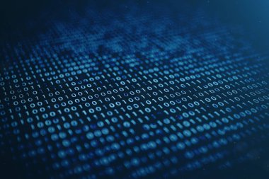 mavi arka plan üzerinde 3D şekil ikili kod. Bayt ikili kod. Kavram teknoloji. Dijital ikili arka plan.