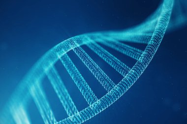 Dijital Dna molekülü, yapısı. Kavram ikili kod insan genom. DNA molekülünün değiştirilmiş genler ile. 3D çizim