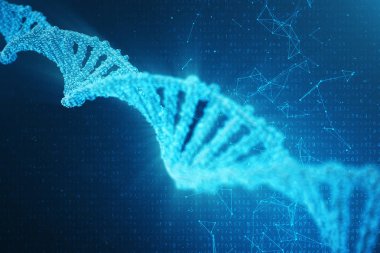 Dijital Dna molekülü, yapısı. Kavram ikili kod insan genom. DNA molekülünün değiştirilmiş genler ile. 3D çizim
