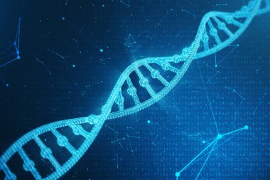 Dijital Dna molekülü, yapısı. Kavram ikili kod insan genom. DNA molekülünün değiştirilmiş genler ile. 3D çizim