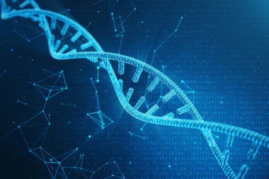 Dijital Dna molekülü, yapısı. Kavram ikili kod insan genom. DNA molekülünün değiştirilmiş genler ile. 3D çizim