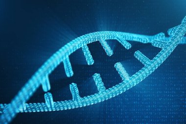 Dijital Dna molekülü, yapısı. Kavram ikili kod insan genom. DNA molekülünün değiştirilmiş genler ile. 3D çizim