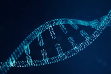 Dijital Dna molekülü, yapısı. Kavram ikili kod insan genom. DNA molekülünün değiştirilmiş genler ile. 3D çizim