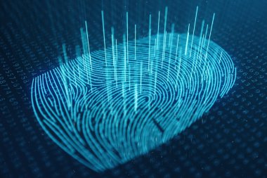 3D çizim parmak izi inceden inceye gözden geçirmek ile biyometrik kimlik güvenlik erişim sağlar. Kavram parmak izi koruma. Parmak ile ikili kod yazdırma. Dijital güvenlik kavramı