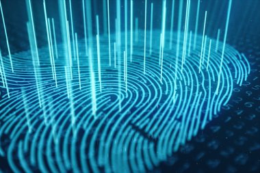 3D çizim parmak izi inceden inceye gözden geçirmek ile biyometrik kimlik güvenlik erişim sağlar. Kavram parmak izi koruma. Parmak ile ikili kod yazdırma. Dijital güvenlik kavramı