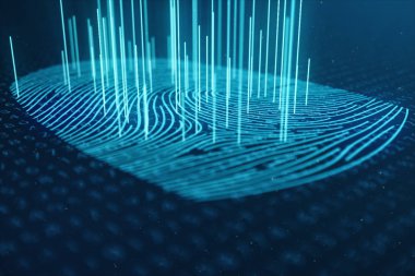 3D çizim parmak izi inceden inceye gözden geçirmek ile biyometrik kimlik güvenlik erişim sağlar. Kavram parmak izi koruma. Parmak ile ikili kod yazdırma. Dijital güvenlik kavramı