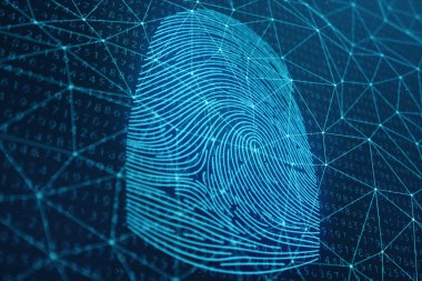 3D çizim parmak izi inceden inceye gözden geçirmek ile biyometrik kimlik güvenlik erişim sağlar. Kavram parmak izi koruma. Parmak ile ikili kod yazdırma. Dijital güvenlik kavramı