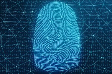 3D illustration Fingerprint scan provides security access with biometrics identification. Concept Fingerprint protection. Finger print with binary code. Concept of digital security clipart